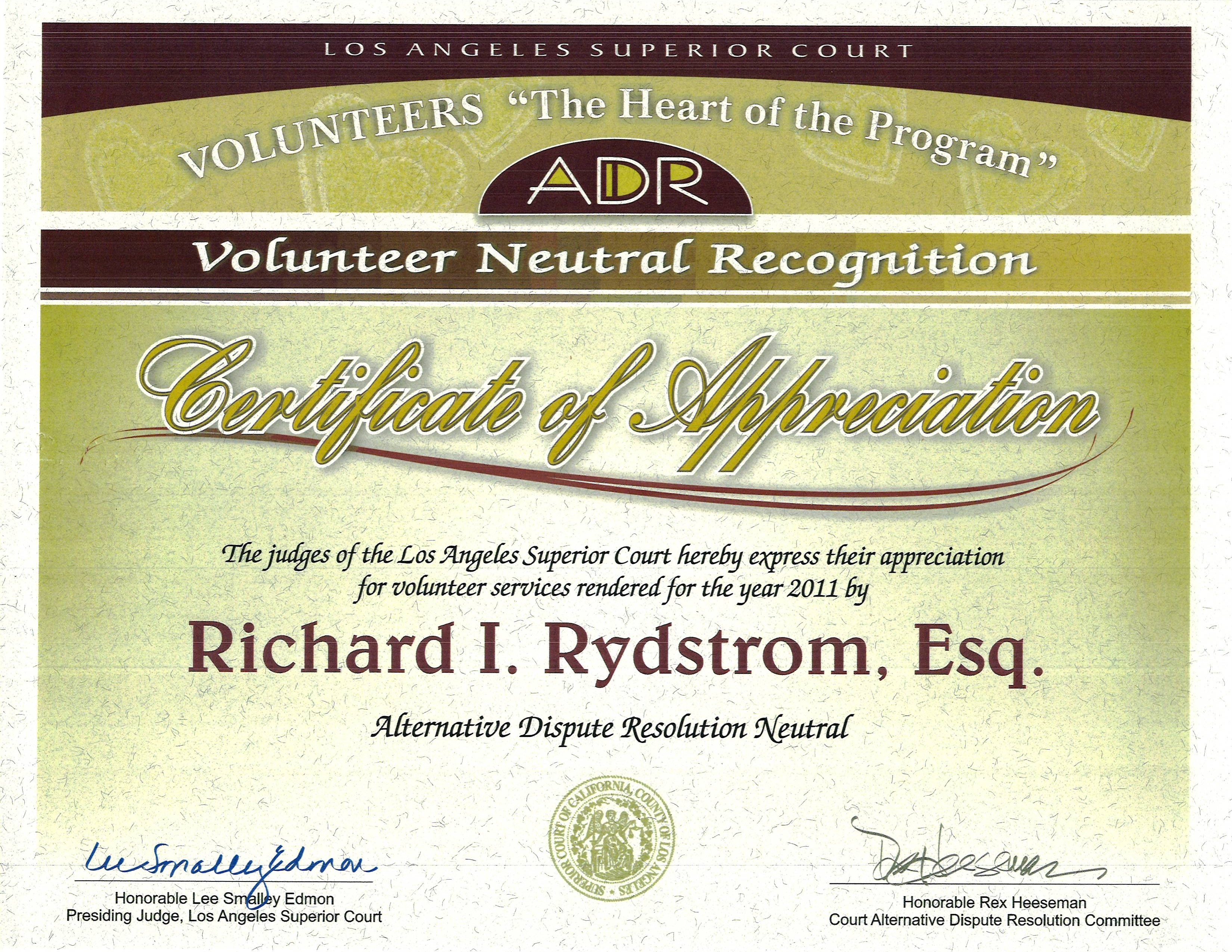 Los Angeles Attorney Rich Rydstrom Litigation ADR arbitrator settle civil litigation foreclosure VSO LA Judges